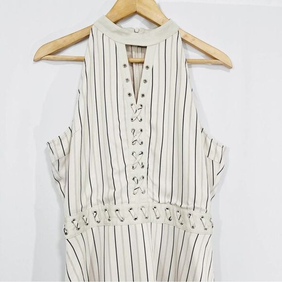BB Dakota Charlize Striped Lace Up Back Dress 8 Beige Mini A-line - Picture 3 of 9